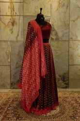 Maroon authentic pure cotton Ikat saree with pink Pallu and border